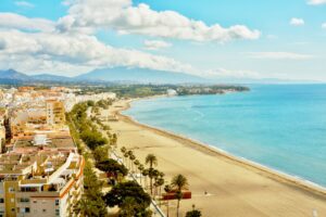 Playa de la Rada beach in Estepona with palm trees and the town backdrop, Costa del Sol