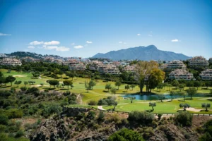 Golf course with mountain backdrop on the Costa del Sol, Andalusia, Spain