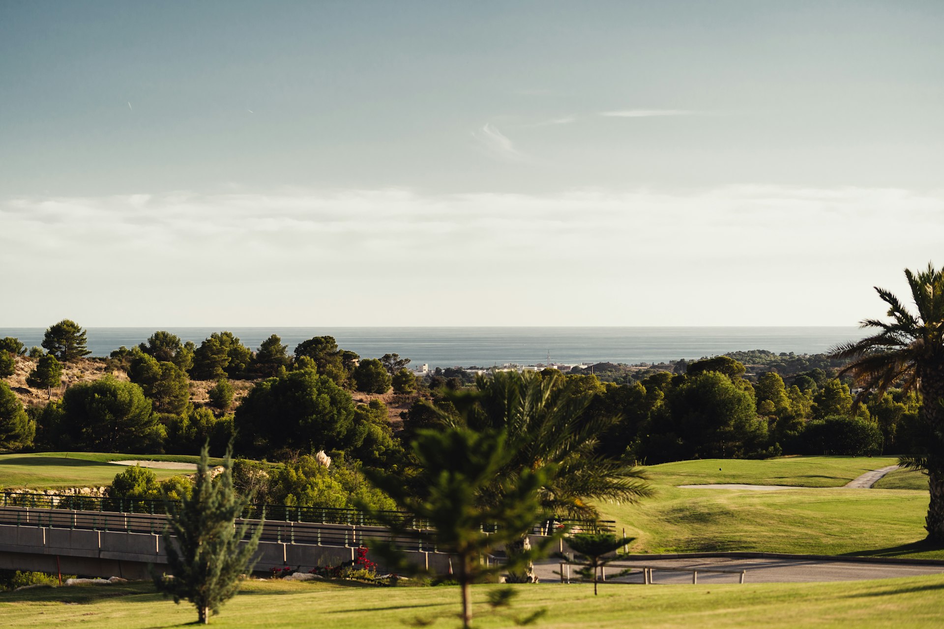 Scenic view of a golf course overlooking the Mediterranean coast in Sotogrande, southern Spain