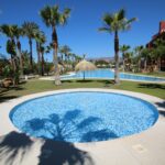 Modern Costa del Sol apartment complex with communal pool and palm trees