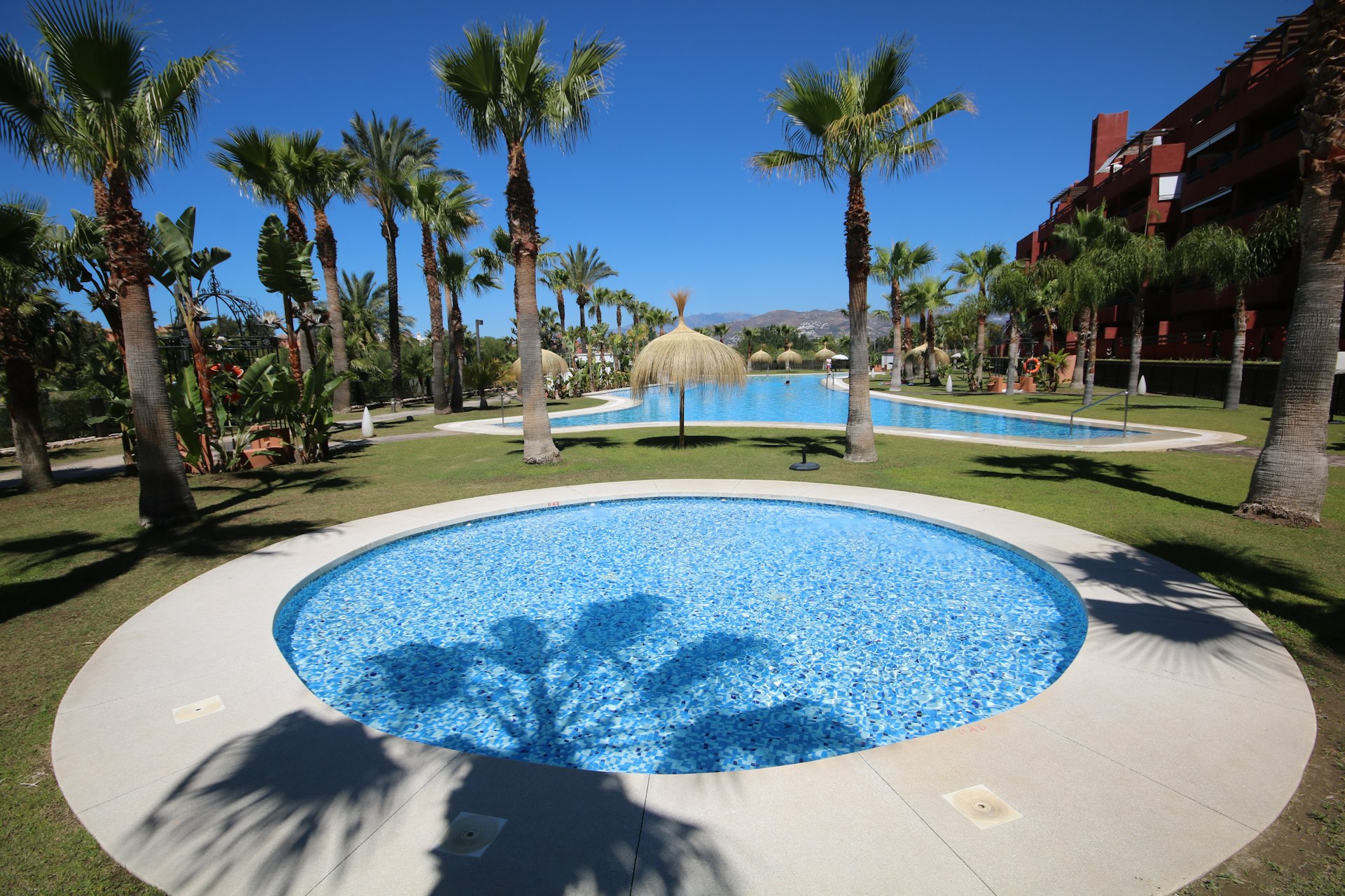 Modern Costa del Sol apartment complex with communal pool and palm trees