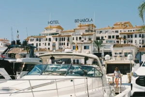 Puerto Banús marina with luxury yachts and Hotel Benabola, Marbella, Costa del Sol