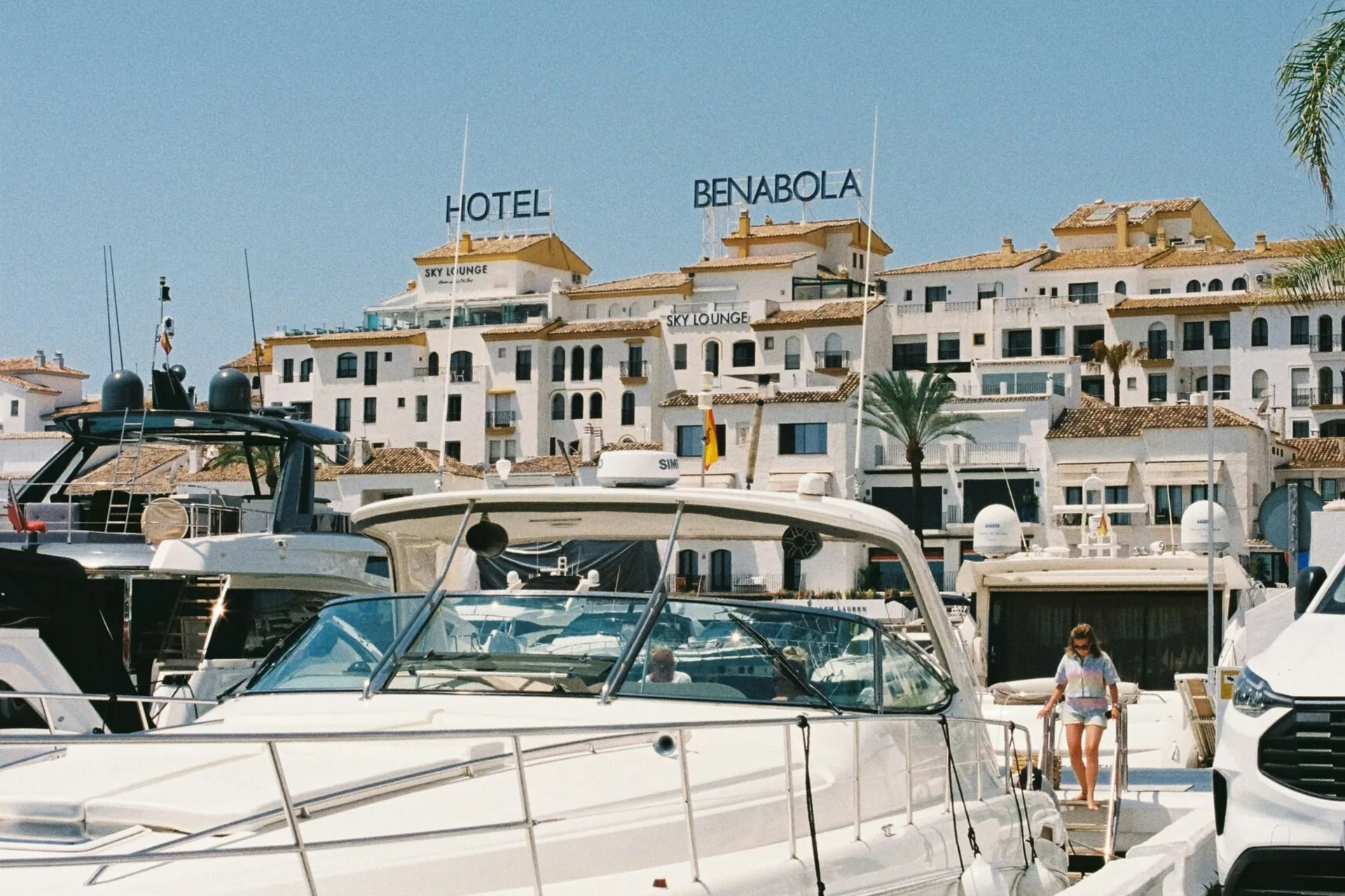 Puerto Banús marina with luxury yachts and Hotel Benabola, Marbella, Costa del Sol