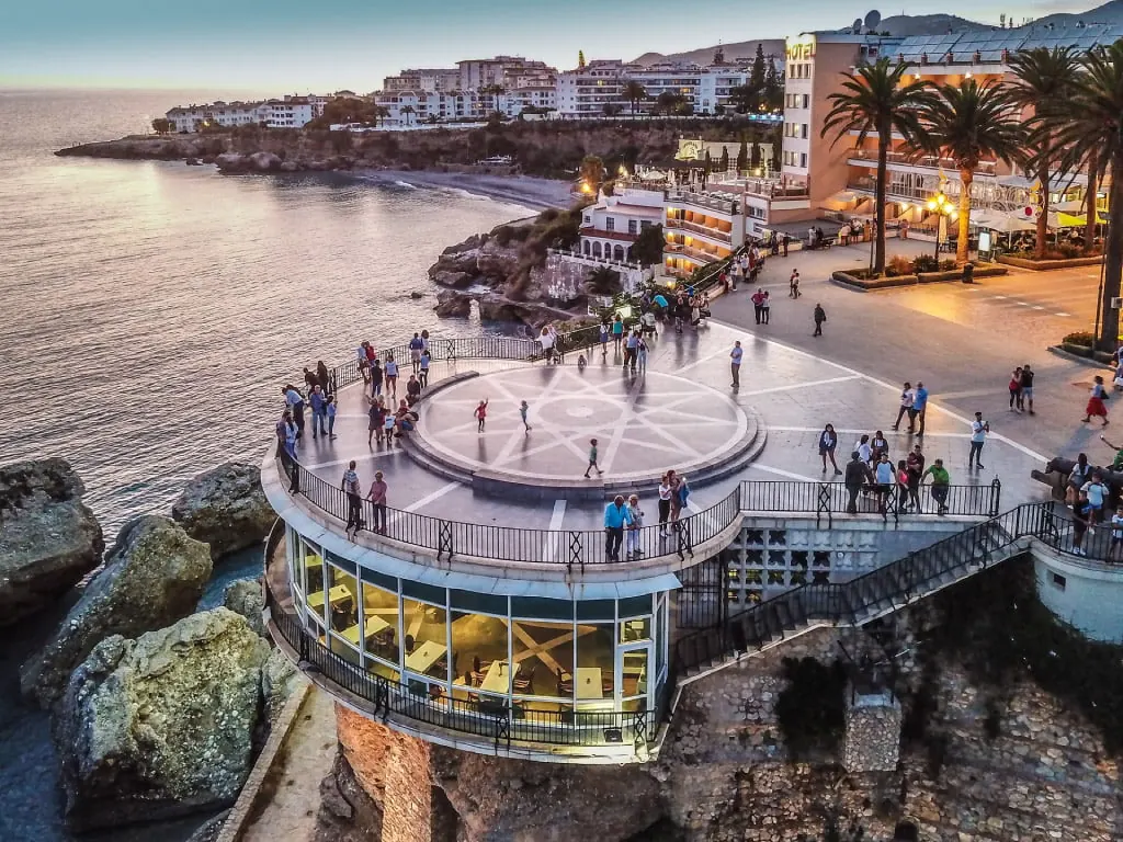 Viewpoint in Nerja at sunset overlooking the Costa del Sol coastline